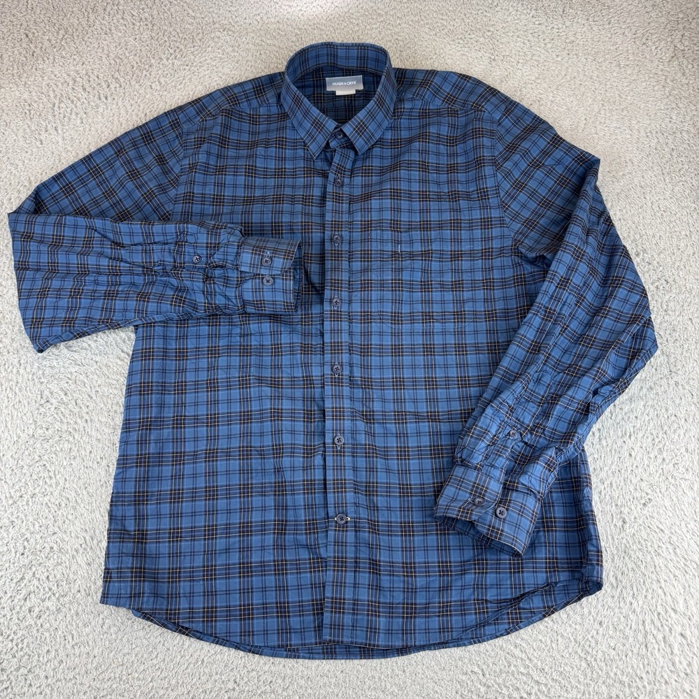 Hugh & Crye Shirt Mens Medium Short Broad Blue Plaid Long Sleeve Button Front